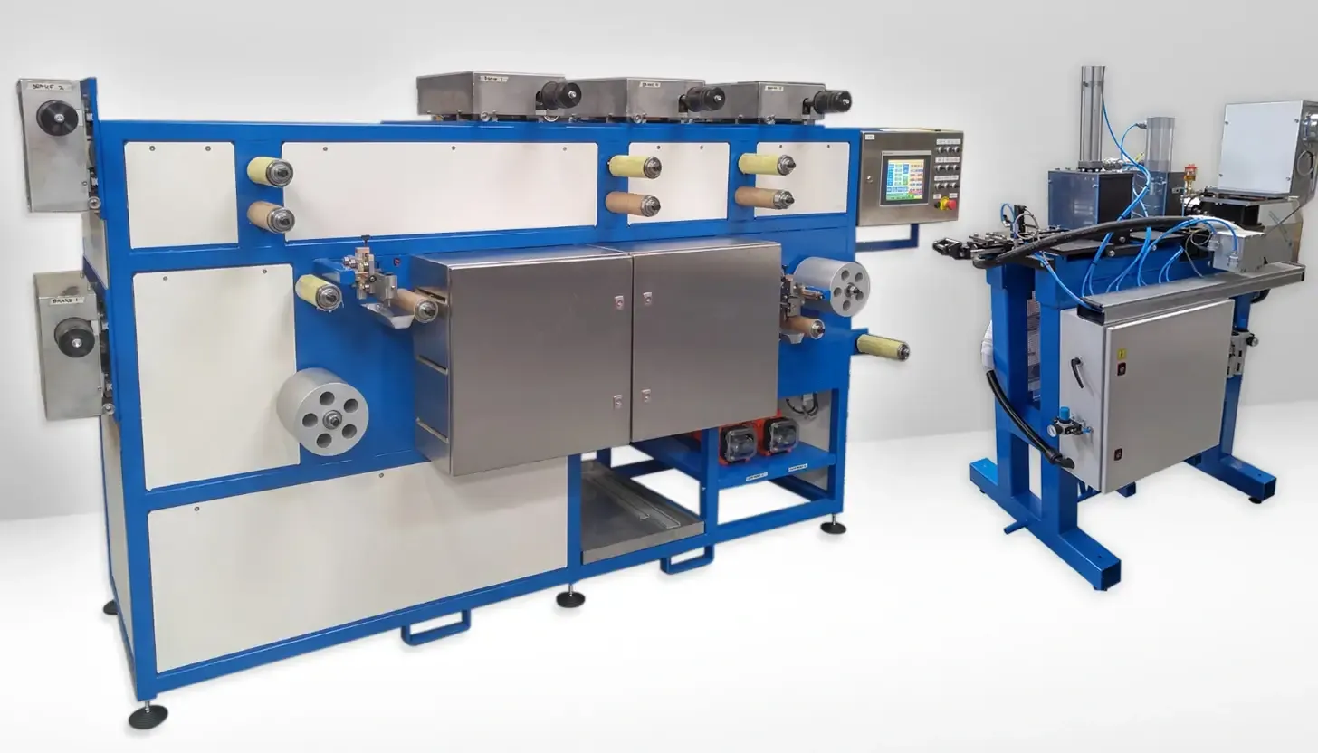 Flexible laminated duct machine with insulation and packing machine - Piton Engineering flexible duct machine production line